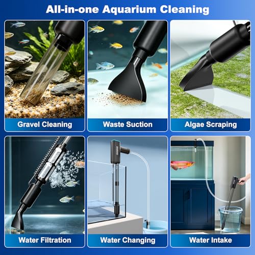 Cordless Gravel Vacuum Aquarium Cleaner for 5-10 Gallon,6-in-1 Automatic Fish Tank Cleaning Tools 2600mah Rechargeable Fish Tank Vacuum Small Tanks Change Water Wash Sand(10w) - size: For 5-10Gal