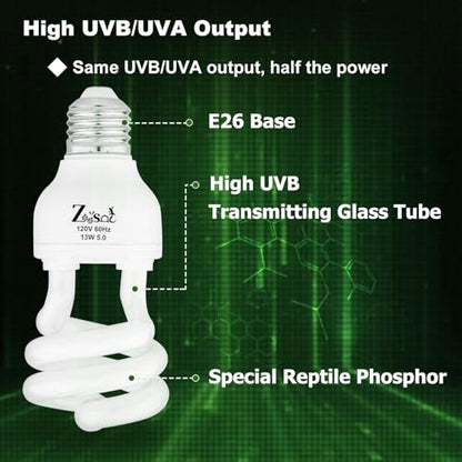 UVB Light Bulb for Reptiles 13W 5.0 High UVB-Transmitting-Glass Tube Spiral Lamp UVA UVB Reptile Light for Turtles, Chameleon, Gecko, Ball Python - size: 13W5.0