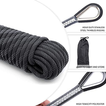 10mm/12mm (32FT/64FT) Climbing Rope, Outdoor Static Rock Climbing Rope, Tree Climbing Rappelling Rope, Escape Nylon Rope, Ice Climbing Equipment Fire Rescue Parachute Rope with 2 Steel Hooks - color: Black, size: 10mm/32ft