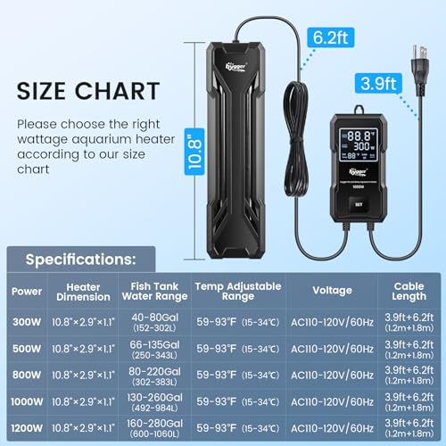 hygger 1000W Aquarium Heater, Upgraded Submersible Fish Tank Heater | Dual Protection System & LED Digital Display, Automatic Power-Off Function, for 130-260 Gal Freshwater and Saltwater Tank - size: Black-1000W for 130-260 Gallon