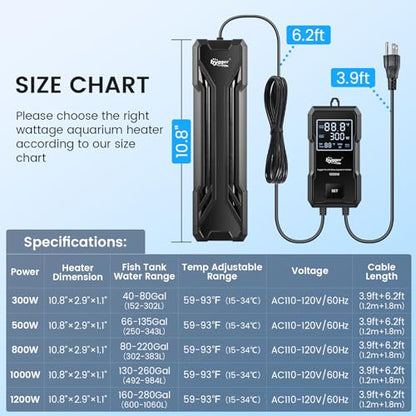 hygger 800W Aquarium Heater, Upgraded Submersible Fish Tank Heater | Dual Protection System & LED Digital Display, Automatic Power-Off Function, for 80-220 Gal Freshwater and Saltwater Tank - size: Black-800W for 80-220 Gallon