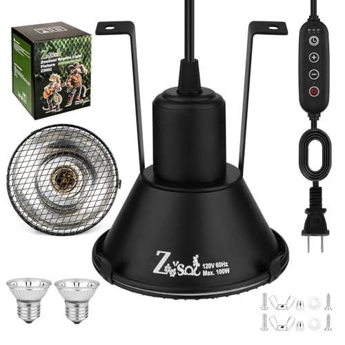 5-in-1 Reptile Heat Lamp Fixture Anti-Scald Guard 4.7" Hanging | Dome Light Fixture with Timer & 2 Pack 50W Halogen Warm Yellow Basking Light Bulb for Bearded Dragon, Gecko, Snake, Turtle