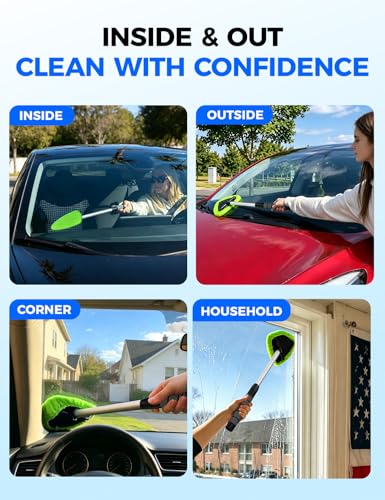 XINDELL Interior Windshield Cleaner Tool – Car Interior Window Cleaning Kit with Extendable Handle & 4 Microfiber Pads, Auto Wiper Inside Compact Windshield Brush for Car & Home Windows - size: 19in