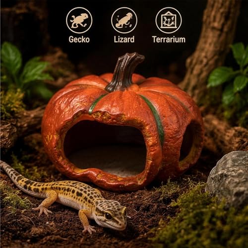 Gecko Hide, Reptile Hide, Resin Pumpkin Cave for Small Reptiles, Lizard, Spider, Gecko, Terrarium Decor Shelter, Halloween Style Habitat Ornament, 1 Pack