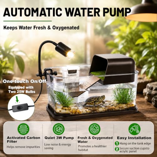 Turtle Tank Starter Kit, Durable PC Turtle Aquarium Kit | Basking Platform & Dimmable Heat Lamp, Baby Aquatic Turtle Tank with Filter,Multi-Function Area for Small Reptiles