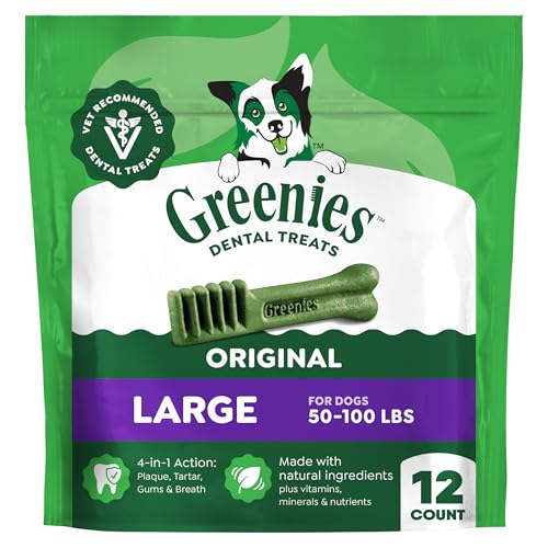 Greenies Large Natural Dental Dog Treats, Original Flavor, 12 Count | Veterinarian-recommended, cleaner teeth after 28 days, clean to gumline, for dogs 50-100 lbs, original chicken flavor - size: 12 Count (Pack of 1)