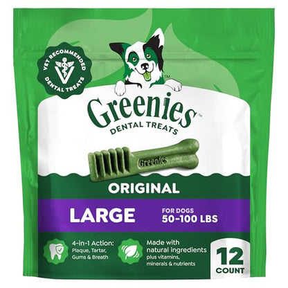 Greenies Large Natural Dental Dog Treats, Original Flavor, 12 Count | Veterinarian-recommended, cleaner teeth after 28 days, clean to gumline, for dogs 50-100 lbs, original chicken flavor - size: 12 Count (Pack of 1)