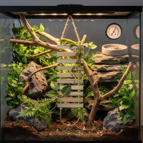 Handmade Wooden Bearded Dragon Climbing Ladder with Artificial Leaves and Moss Leopard Gecko Tank Accessories Bearded Dragon Tank Accessories Hanging Flexible Swing (Green)