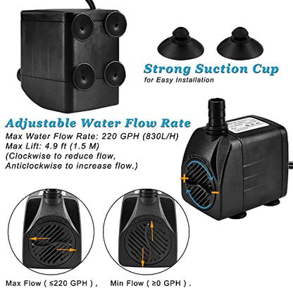 15W 220 GPH Submersible Fountain Pump with LED Light (800L/H), Ultra Quiet Adjustable Water Pump for Water Feature, Hydroponics, Garden, Pond, Aquariums, Fish Tanks, Indoor Outdoor Fountain