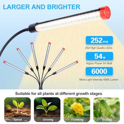 6Head Grow Light on Stand for Large and Tall Indoor Plants, Bonsai Tree, Bright and Big Coverage Plant Growing Lamps, 4/8/12/16/20H Timer, 54 Watt Power Draw, NO Need Adapter, 360° Gooseneck - size: 6Head Stand(54W)