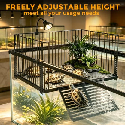 Turtle Basking Platform with Ramp, for 40-150 Gal Tank | Sliding hooks adjust water depth easily. Fits 22-24 inch rim. Rust-proof SS, non-slip ramp for safe climbing.