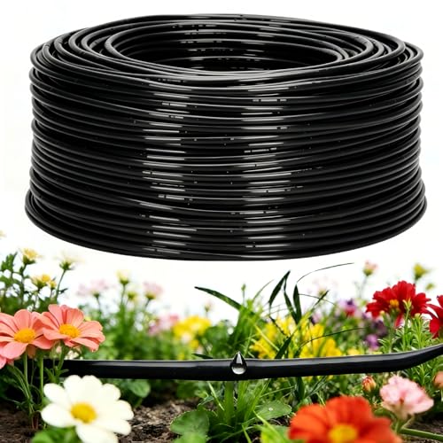 1/4" Drip Irrigation Tubing with 6" Emitter Spacing, (650 Ft Roll) Hydroponics Dripline with Built-in 0.5 GPH Dripper, Saving 80% Water, Drip Line for Greenhouses and Dense Planting Areas (Black) - size: 650FT