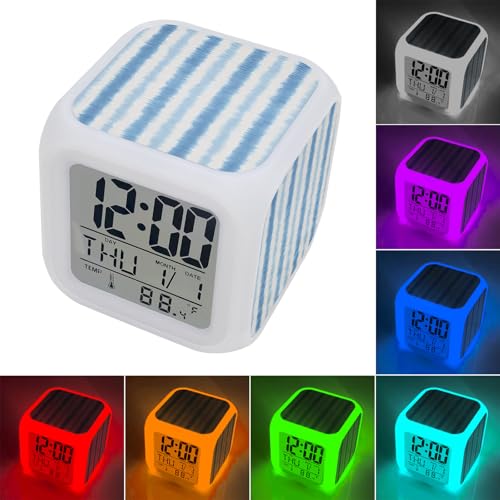 Abstract Blue Stripes Alarm Clock, Rustic Watercolor Denim Striped Classic Digital Clock Night Light with 7 Color, Calendar Temperature Display, NightLight Clock for Bedroom, 3.2x3.2in - color: Blue, Navy, White