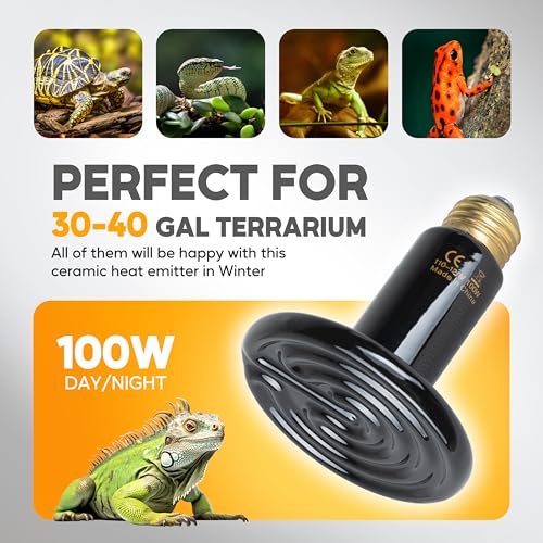 HealSmart 100W Reptile Heat Lamp Ceramic Heat Emitter, No Light Emitting Heat Bulbs, Suitable for Snake/Lizard/Spider, Plant Growth and Incubating Chicken, 2-Pack - color: 2 Pcs (Black), size: 100 Watts New