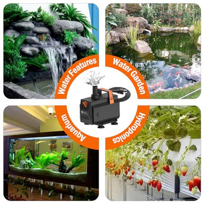 AquaMiracle 600GPH Aquarium Water Pumps (2270L/H, 35W) Fountain Pump Pond Pump Submersible Water Pump with Flow Control for Fountain, Waterfall, Statuary, Filtration, Water feature, Hydroponics - size: 600GPH