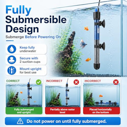 Mylivell Fish Tank Aquarium Heater - Adjustable Submersible 200W Aquarium Heater with Thermostat for 40-65 Gallon Betta, Turtle, Saltwater and Freshwater Tanks