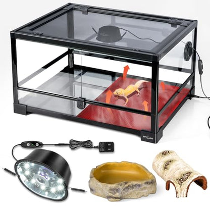 REPTIZOO 5-in-1 Reptile Terrarium Starter Kit, 20 Gallon Reptile Tank with Built-in Heating System PID Digital Thermostat & UVB Light (5.0&10.0 Adjustable) & Reptile Hide Cave & Feeding Dish - size: 5-in-1 Starter Kit