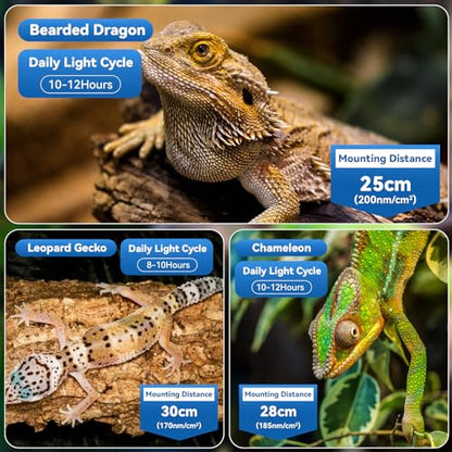 UVA UVB Reptile Light,15Inch Full Spectrum LED Reptile UVB Lamp for Bearded Dragons,Turtles,Geckos,Chameleons,Lizards,Snakes,12000H Long Lifespan Adjustable Timer Calcium Absorption Lamp for Terrarium - size: 15Inch