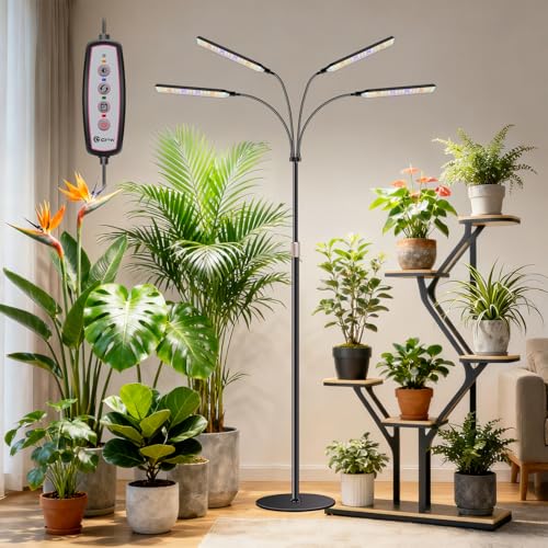 Kullsinss Grow Lights for Indoor Plants with Stand, 4-Heads Full Specturm Plant Grow Light with 4/8/12/16H Timer, 3 Color Modes, 360° Flexible Gooseneck, 24-68.7in Hight Adjustable Grow Lamp, Black - color: 4 Heads (Black)