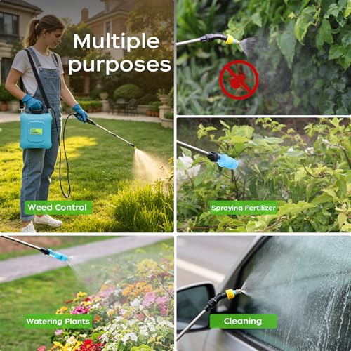 2-Gallon Battery-Powered Sprayer,6 Nozzles,2 Spray Modes, Telescopic Pole | Electric Sprayer for Lawn and Garden Weed/Pest Control, Watering, USB Rechargeable Adjustable Shoulder Strap