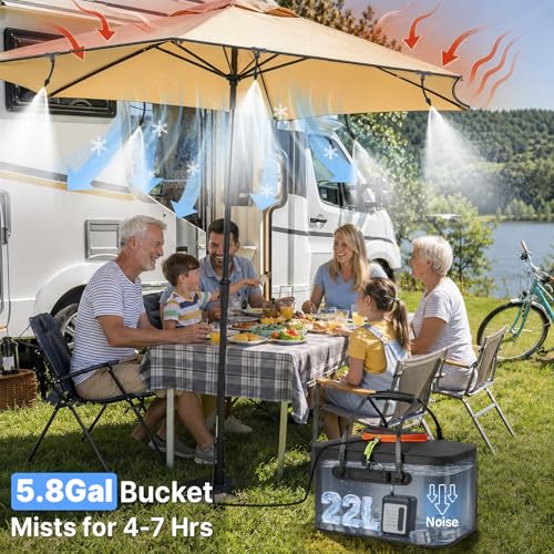Bluepro 50FT Portable Misting System for Cooling, Misters for Outside Patio with 5.8Gal/22L Foldable Tank, 5200mAh Pump (IPX8) & 8 Adjustable Brass Nozzles for Umbrella, Camping, Golf Cart, Sport