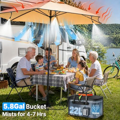 Bluepro 50FT Portable Misting System for Cooling, Misters for Outside Patio with 5.8Gal/22L Foldable Tank, 5200mAh Pump (IPX8) & 8 Adjustable Brass Nozzles for Umbrella, Camping, Golf Cart, Sport