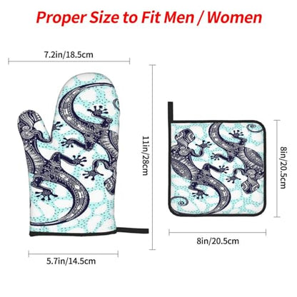 Gecko Lizard Abstract Reptile Animal 4-Piece Oven Mitts and Handle Covers Set - Heat Resistant Baking Gloves for Kitchen BBQ Grilling