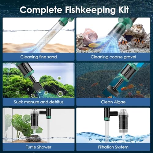 AKKEE Aquarium Vacuum Gravel Cleaner, 36W Electric Fish Tank Cleaner Vacuum, 8 in 1 Multifunctional Aquarium Cleaner for Automatic Water Change, Wash Sand, Water Circulation and Timed Off，Green