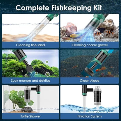 AKKEE Aquarium Vacuum Gravel Cleaner, 36W Electric Fish Tank Cleaner Vacuum, 8 in 1 Multifunctional Aquarium Cleaner for Automatic Water Change, Wash Sand, Water Circulation and Timed Off，Green