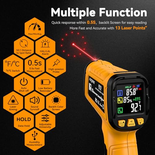 Infrared Thermometer Gun -58°F to 1796°F, 50:1 Temperature | Gun with K-Type Probe -4°F to 932°F for Cooking, Pizza Oven, Griddle, BBQ, HVAC, Automotive, Home & Industrial Use