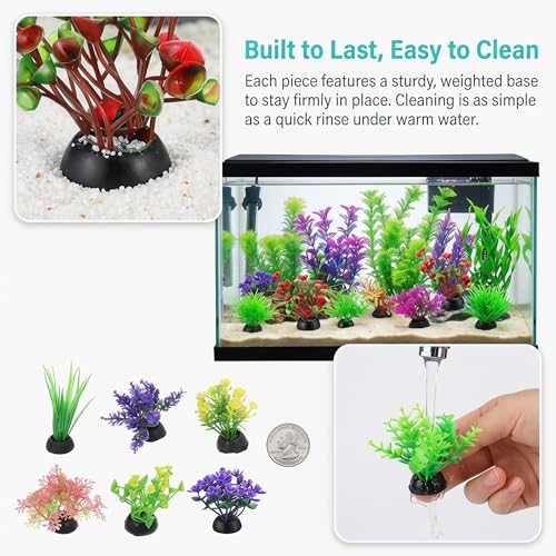 Veemoon 40 Pcs Artificial Aquarium Plants Fish Tank Decor, 1.97 Inches Mixed Style Plastic Aquatic Weeds, Small Fake Terrarium Vegetation Betta Turtle Accessories