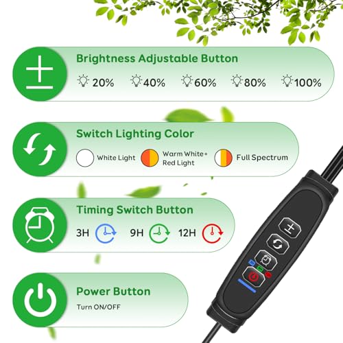 LED Grow Lights for Indoor Plants, 3Heads Grow Lights for Seed Starting, 10 Dimmable Levels & 3 Timer Modes (3/9/12H), Adjustable 360° Gooseneck with Clip, Plant Grow Light 2 Pack