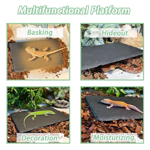 Bearded Dragon Basking Rock Platform,Reptile Basking Rock Slate with Bark Substrate Bedding,Tortoise Resting Climbing Feeding Bathing Platform Tank Accessories for Lizard Gecko Snake Frog (L) - size: L | 9.8" x 6"Slate Rock with Bark Substrate