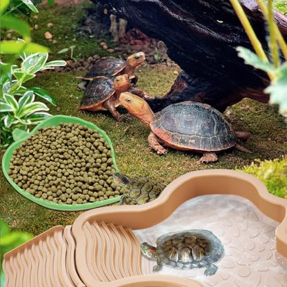 3PCS Tortoise Water Dish with Leaf Reptile Food Dish, Brownish | Anti-slip Reptile Bathing Pool with Ramp, Smooth Tortoise Water Dish Turtle Pool for Lizard Gecko Snake Frog Amphibians - color: Brownish Yellow