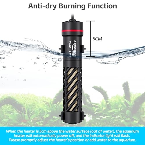 FREESEA Aquarium Heater for Fish Tank: 25W Small Submersible Thermostat with Off-Water Protection & UL Certified Cord for 1-5 Gallon Fish Turtle Tanks Enthusiasts
