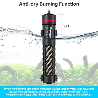 FREESEA Aquarium Heater for Fish Tank: 25W Small Submersible Thermostat with Off-Water Protection & UL Certified Cord for 1-5 Gallon Fish Turtle Tanks Enthusiasts