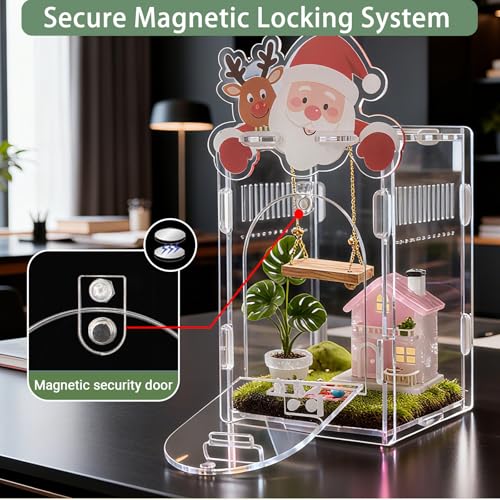 Santa Claus Jumping Spider Enclosure, Magnetic Acrylic Habitat Terrarium with Secure Doors, 4x4x6.3 Inch Small Desktop Decor Gift for Spider, Mantis, Beetles