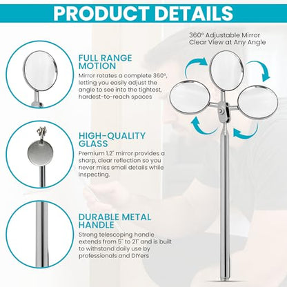 2-Pack Telescopic Insp Mirror 5-21" Swivel | Extend And Swivel To Inspect Hard To Reach Mechanical Spots - color: Mirror