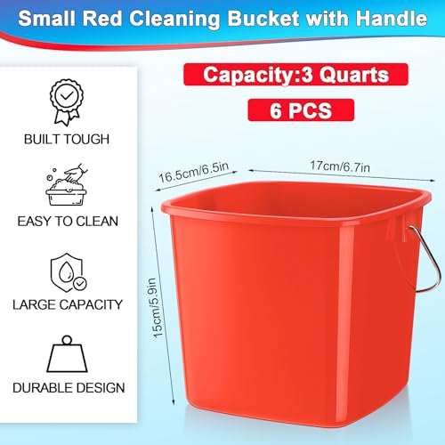Zhehao 6 Pcs 3 Quart Bucket for Cleaning Small Sanitizer Bucket for Restaurant Square Plastic Pail with Handles for Home, Offices, Commercial Use, Food Service(Red) - color: Red