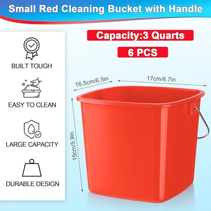 Zhehao 6 Pcs 3 Quart Bucket for Cleaning Small Sanitizer Bucket for Restaurant Square Plastic Pail with Handles for Home, Offices, Commercial Use, Food Service(Red) - color: Red