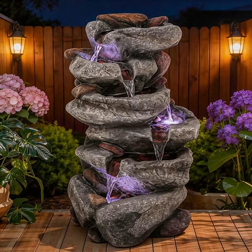 20" H Rock Outdoor Water Fountain with LED Lights | Unique 5-Tier Cascading Waterfall for Garden Patio Yard, Weather-Resistant Polyresin Water Feature for Tranquil Zen Oasis - color: 20"h-rock Gray