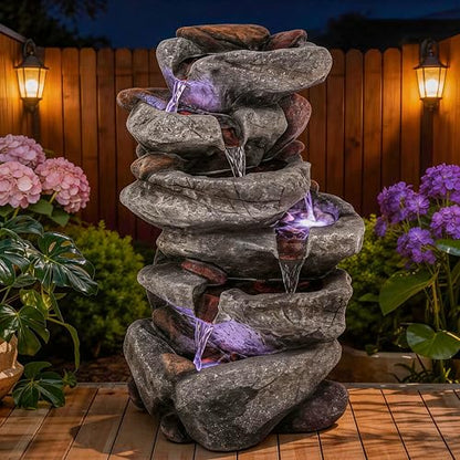 20" H Rock Outdoor Water Fountain with LED Lights | Unique 5-Tier Cascading Waterfall for Garden Patio Yard, Weather-Resistant Polyresin Water Feature for Tranquil Zen Oasis - color: 20"h-rock Gray