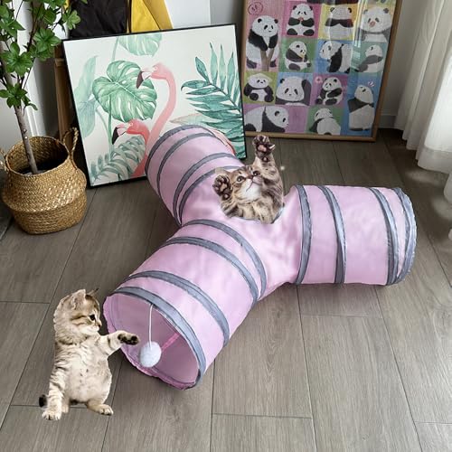 3-Way Collapsible Cat Tunnel Tube Toy Pink — Interactive Play Tunnel with Hanging Ball & Peek Hole for Indoor Cats, Kittens, Puppies & Rabbits | Hours of Fun & Exercise - color: Pink