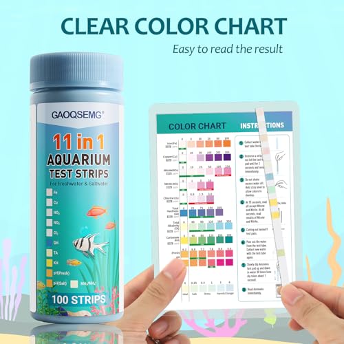 Aquarium Water Test Kit 11 in 1,100 Counts Ammonia Aquarium Test Kits Fish Tank Test Strips Freshwater & Saltwater pH Testing Strips for Ammonia,