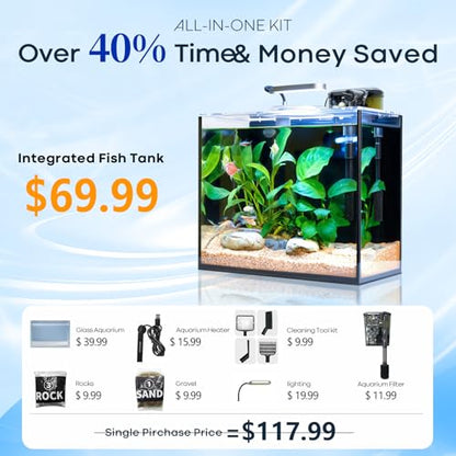 3 Gallon Small Fish Tank Glass Aquarium Set, Starter Kit with Heater Water Pump Cleaning Filter Bright Light Rocks Gravel Cleaning Tool, Leak-Proof Clear Rimless Desktop Spaces Saving Betta Fish - size: 3 Gallon