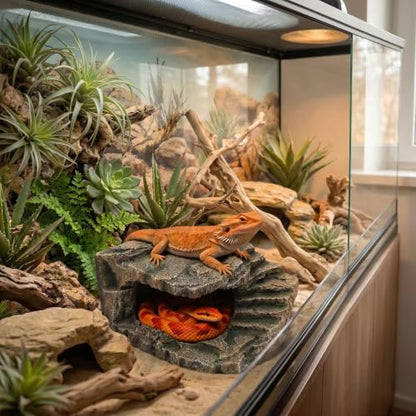 XL Resin Reptile Cave Hideout and Rock Basking Platform | Terrarium & Aquarium, For Reptiles & Amphibians, Natural Rock Texture, Hideout & Basking Spot, Fish Tank Compatible