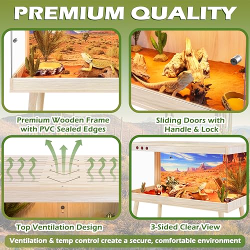 Royxen Bearded Dragon Tank,65 Gallon Reptile Tank with Leg Stand,Built-in Lighting Reptile Enclosure,Tempered Glass Bearded Dragon Encloure for Chameleon(Oak,40"x 20"x 20") - color: Oak, size: 65 Gallons,40"x20"x20"