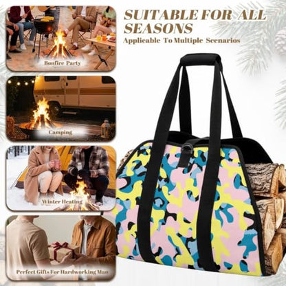 Sweet Camo Print Wood Transport Sack Firewood Tote | with Reinforced Handles, Large Capacity, Open-Ended Design, for Stoves, Fire Pits and Long Camping Trips - color: Pink Yellow Blue Sweet Camo Print