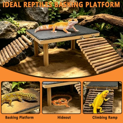 Bearded Dragon Basking Platform with Climbing Ramp,Reptile Basking Rock (S) | Wooden Lizard Resting Platform Basking Rock Slate,Leopard Gecko Hide Cave Tank Accessories for Tortoise Snake - size: S: 9.8" x 6" x 4.56"