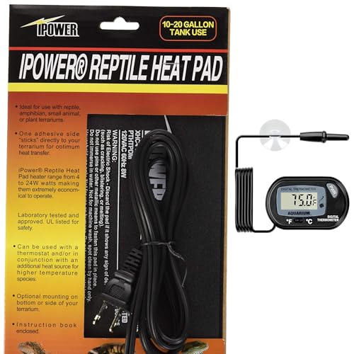 iPower 6x8 Inch Reptile Heating Pad with LCD Digital Aquarium Thermometer, Under Tank Heater Warmer Heat Mat for Turtles, Lizards, Frogs, Snakes - color: Black/Heat Pad + Thermometer, size: 6" x 8"